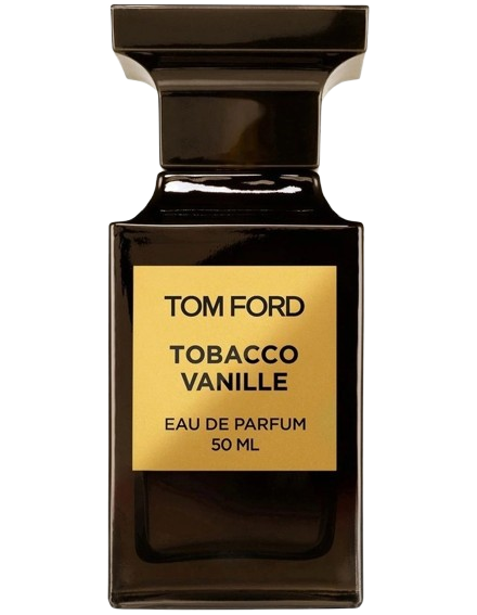 A 50 ml bottle of Baccarats Tom Ford Tobacco Vanille Eau de Parfum for Men and Women exudes an opulent fragrance reminiscent of a private gentleman's club. Its dark, sleek design and gold label elegantly showcase the distinguished scent.