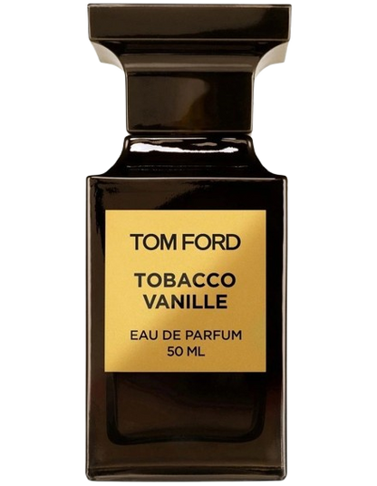 A 50 ml bottle of Baccarats Tom Ford Tobacco Vanille Eau de Parfum for Men and Women exudes an opulent fragrance reminiscent of a private gentleman's club. Its dark, sleek design and gold label elegantly showcase the distinguished scent.