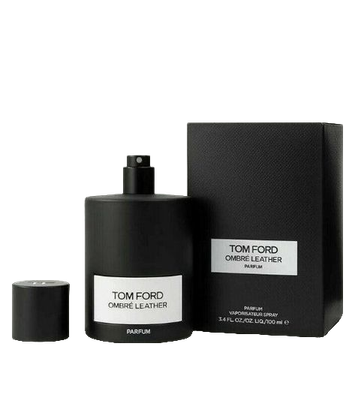 A sophisticated black bottle of Tom Ford Ombre Leather Parfum for Men and Women 100ml by Baccarats exudes elegance. Its minimalist design with a matte finish encases the scent of cedarwood, featuring a label with the brand name and fragrance title.