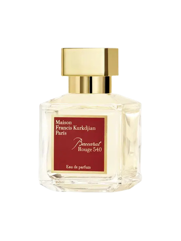 A transparent glass bottle of perfume with a gold cap, featuring "Baccarats Baccarat Rouge 540 Eau de Parfum for Men and Women" in gold and white text on a red background, embodies the essence of an amber floral fragrance.