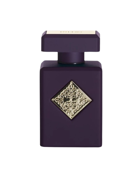 The INITIO SIDE EFFECT EDP 90ml by Baccarats is housed in a dark purple bottle with a square design, featuring a gold embossed decorative emblem at its center. The bottle is topped with a matching square, flat cap and exudes luxury, capturing the essence of rich vanilla and tobacco notes.