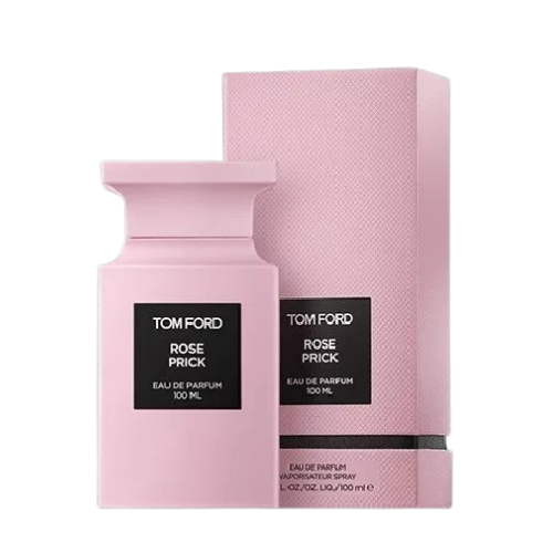 A pink bottle of Baccarats' Tom Ford Rose Prick Eau de Parfum for Men and Women, 100 ml, emits a warm floral fragrance that evokes the essence of a secluded rose garden. It features a black rectangular label displaying the brand and fragrance name, set against its sleek, minimalist design.