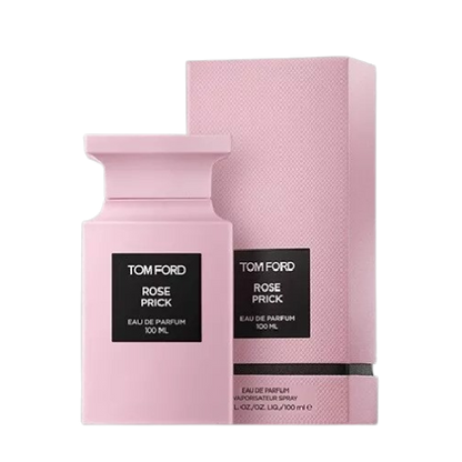 A pink bottle of Baccarats' Tom Ford Rose Prick Eau de Parfum for Men and Women, 100 ml, emits a warm floral fragrance that evokes the essence of a secluded rose garden. It features a black rectangular label displaying the brand and fragrance name, set against its sleek, minimalist design.