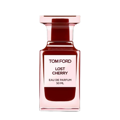 A rectangular, translucent pink bottle with a red liquid inside displays a front label that reads "TOM FORD LOST CHERRY EAU DE PARFUM 100 ML." Infused with the richness of black cherry, the bottle features a square-shaped, translucent pink cap. This unisex fragrance is offered by the brand Baccarats under the name Tom Ford Lost Cherry Eau De Parfum for Men and Women.