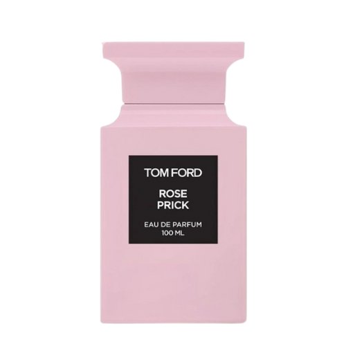 A pink bottle of Baccarats' Tom Ford Rose Prick Eau de Parfum for Men and Women, 100 ml, emits a warm floral fragrance that evokes the essence of a secluded rose garden. It features a black rectangular label displaying the brand and fragrance name, set against its sleek, minimalist design.