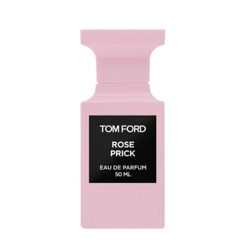 A pink bottle of Baccarats' Tom Ford Rose Prick Eau de Parfum for Men and Women, 100 ml, emits a warm floral fragrance that evokes the essence of a secluded rose garden. It features a black rectangular label displaying the brand and fragrance name, set against its sleek, minimalist design.