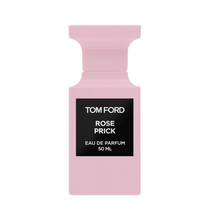 A pink bottle of Baccarats' Tom Ford Rose Prick Eau de Parfum for Men and Women, 100 ml, emits a warm floral fragrance that evokes the essence of a secluded rose garden. It features a black rectangular label displaying the brand and fragrance name, set against its sleek, minimalist design.