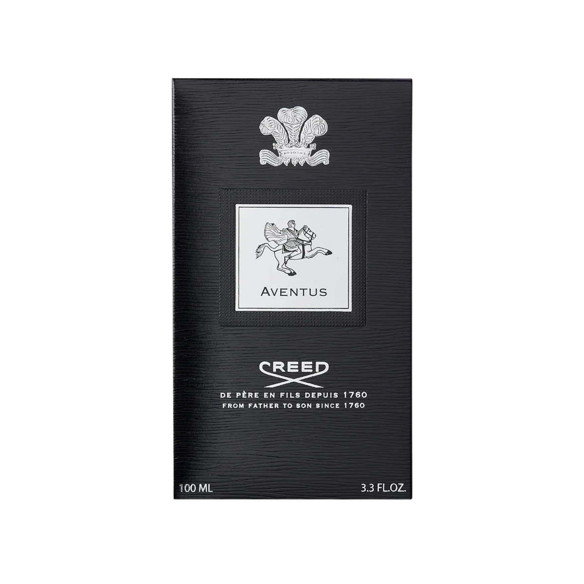 A 100ml bottle of Creed Aventus EDP by Baccarats, with its black cap and label, emphasizes the opulent ambergris notes. The label showcases an intricate design of a horse and rider, while the mostly clear bottle adorned with black accents conveys an aura of sophistication accentuated by Calabrian bergamot.