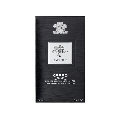 A 100ml bottle of Creed Aventus EDP by Baccarats, with its black cap and label, emphasizes the opulent ambergris notes. The label showcases an intricate design of a horse and rider, while the mostly clear bottle adorned with black accents conveys an aura of sophistication accentuated by Calabrian bergamot.