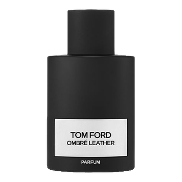 A sophisticated black bottle of Tom Ford Ombre Leather Parfum for Men and Women 100ml by Baccarats exudes elegance. Its minimalist design with a matte finish encases the scent of cedarwood, featuring a label with the brand name and fragrance title.