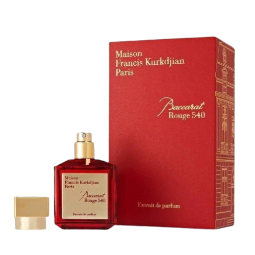 A bottle of Baccarats Baccarat Rouge 540 Extrait de Parfum for Men and Women. The red bottle, with a golden cap and gold label, elegantly showcases the brand name and fragrance details of this exquisite Amber Floral fragrance.