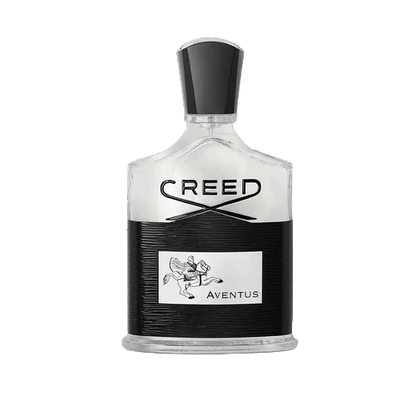 A 100ml bottle of Creed Aventus EDP by Baccarats, with its black cap and label, emphasizes the opulent ambergris notes. The label showcases an intricate design of a horse and rider, while the mostly clear bottle adorned with black accents conveys an aura of sophistication accentuated by Calabrian bergamot.