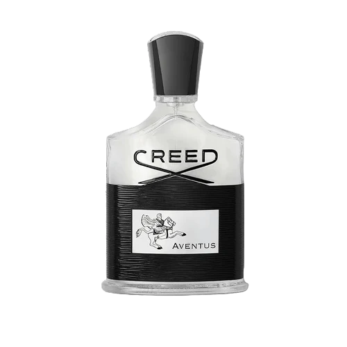 A 100ml bottle of Creed Aventus EDP by Baccarats, with its black cap and label, emphasizes the opulent ambergris notes. The label showcases an intricate design of a horse and rider, while the mostly clear bottle adorned with black accents conveys an aura of sophistication accentuated by Calabrian bergamot.