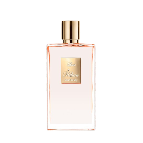 A rectangular glass bottle of By Kilian Love, Don't Be Shy perfume with a gradient pink hue, featuring a gold cap and a square gold label on the front, embossed with the text "Love by Kilian, don't be shy." Infused with delicate notes of Orange Blossom, this Baccarats fragrance captivates from the first spritz.