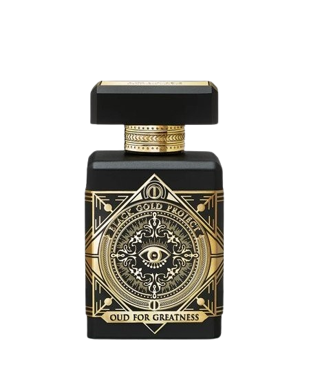 A 90ml bottle of Baccarats' Initio Oud for Greatness EDP. The black bottle, adorned with elaborate gold detailing, features an intricate design highlighted by a prominent eye motif on the front. Infused with rich and captivating notes of patchouli and oud wood, the fragrance exemplifies luxury. The cap is black with elegant gold accents.