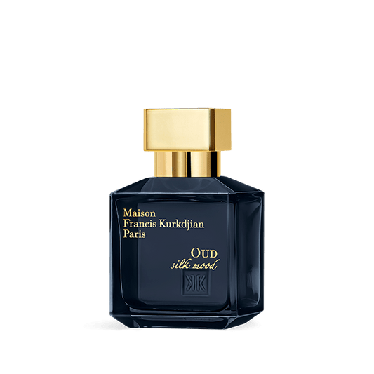 A sleek, rectangular dark blue perfume bottle with a gold cap, labeled "Baccarats OUD Silk Mood Eau de Parfum 70ml" in gold text. This minimalist eau de parfum boasts an elegant design that embodies sophistication.